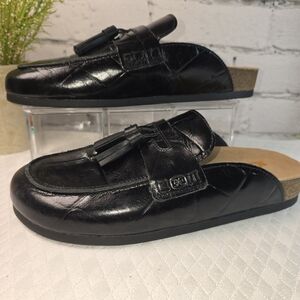 SAM EDELMAN WOMENS ASTRID MULES BLACK LEATHER CROC LOAFERS TASSEL 8.5 NWOT